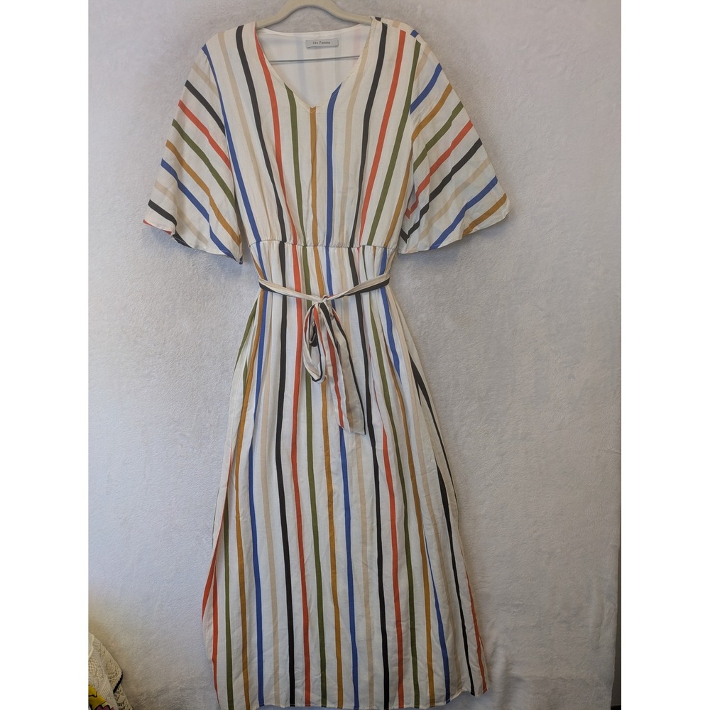 Ces Femme Maxi Dress Women's Small White Multi Stripe Flutter Sleeve Tie Waist
